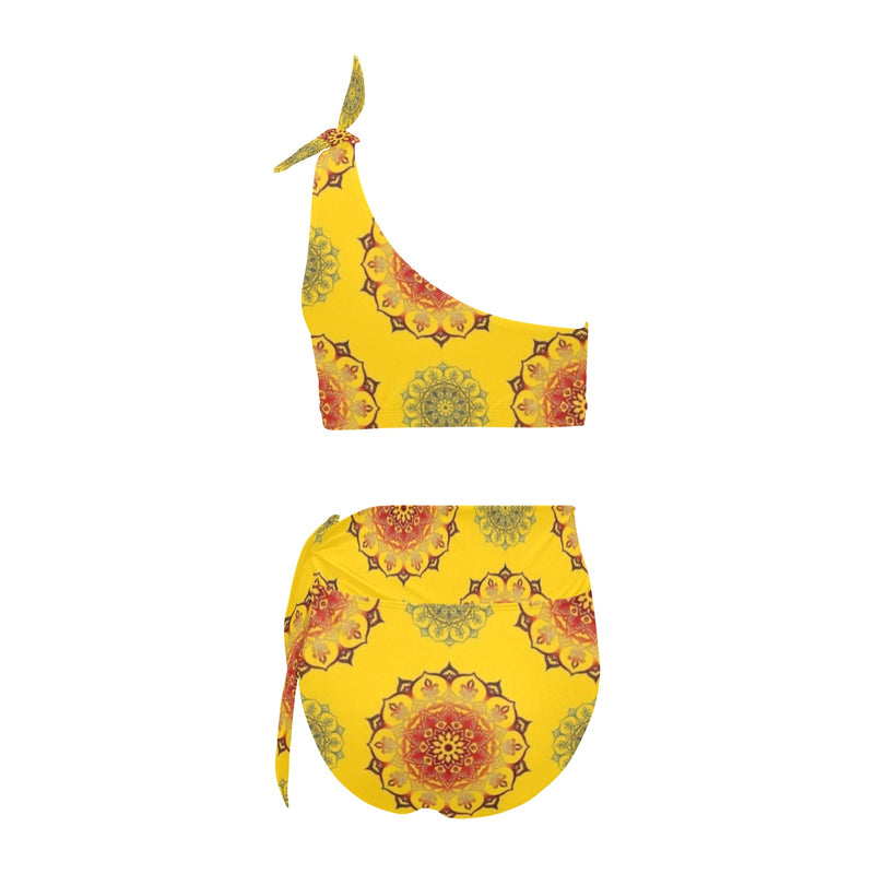 mandala gold print 3 High Waisted One Shoulder Bikini Set (Model S16) - Objet D'Art