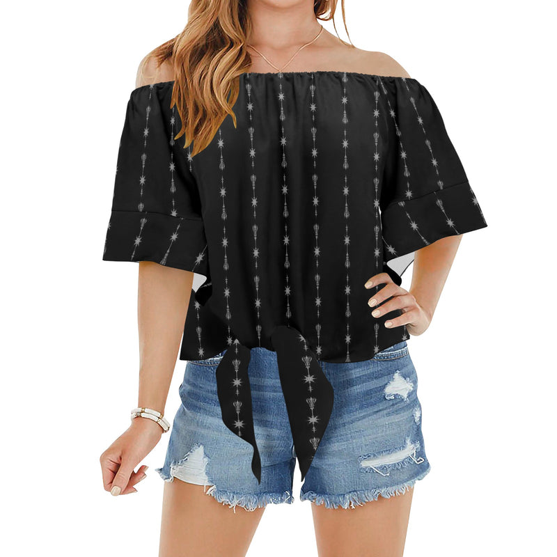 arrows rising bw print 2 Off Shoulder Knot Front Blouse (Model T71) - Objet D'Art