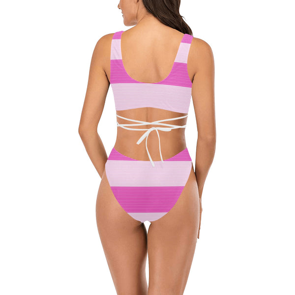 fuchsia microstripe pink print Cross String Bikini Set (Model S29) - Objet D'Art