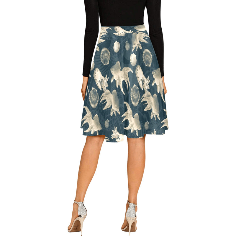 aquatic world sepia split print Melete Pleated Midi Skirt (Model D15) - Objet D'Art