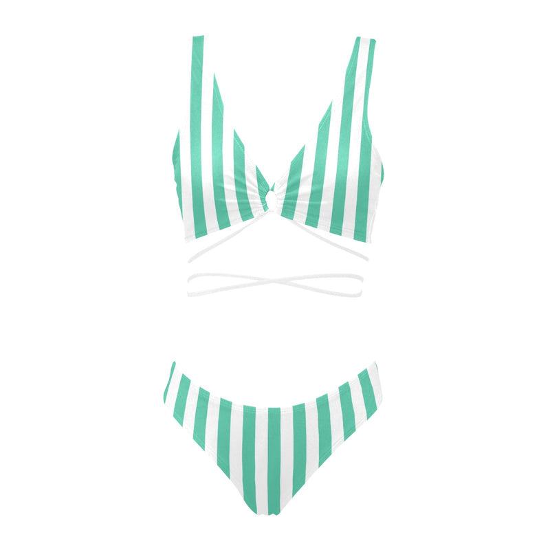 mint green striped print Cross String Bikini Set (Model S29) - Objet D'Art