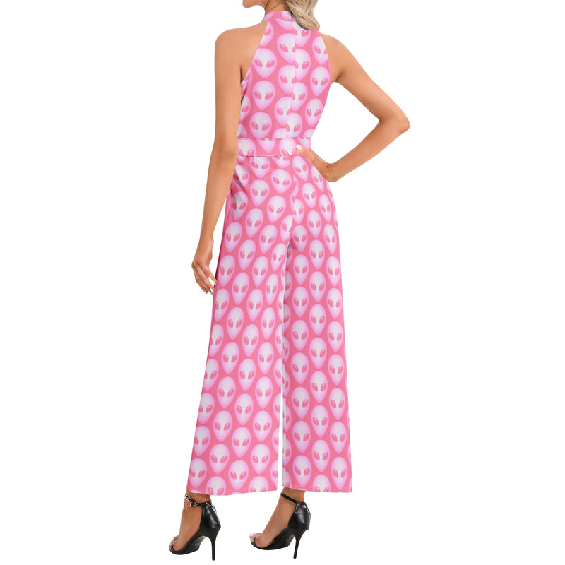 Pink Alien Halter Neck Buckle Belted Jumpsuit - Objet D'Art