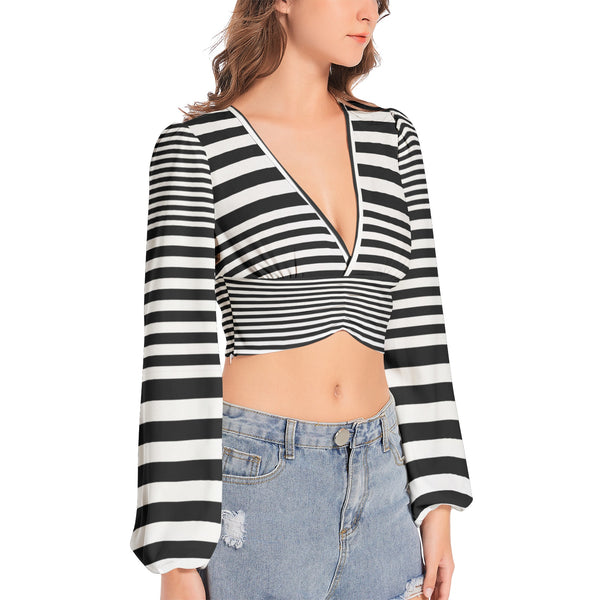 Abstract Zebra Women's Deep V-Neck Lantern Sleeve Crop Top - Objet D'Art