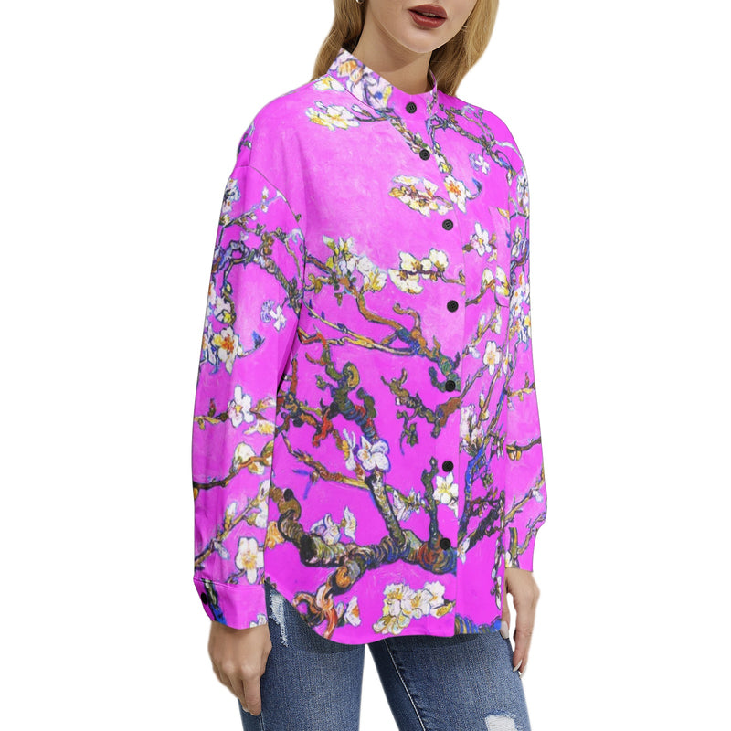 Almond Blossoms and Lavender Skies Long Sleeve Button Up Casual Shirt Top - Objet D'Art