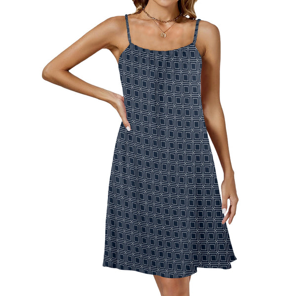 matrix square print 3 Drawstring Neck Sleeveless Dress (Model D68)