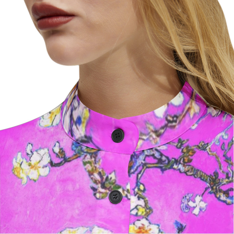 Almond Blossoms and Lavender Skies Long Sleeve Button Up Casual Shirt Top - Objet D'Art