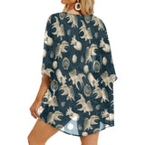 aquatic world sepia split print Women's Kimono Chiffon Cover Up (Model H51) - Objet D'Art