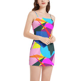 Polychromatic Collage Sleeveless Square Neckline Spaghetti Strap Mini Dress - Objet D'Art