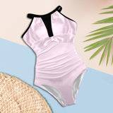 light pink 9k Women's High Neck Plunge Mesh Ruched Swimsuit (S43) - Objet D'Art