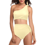 creme solid print 2 High Waisted One Shoulder Bikini Set (Model S16) - Objet D'Art