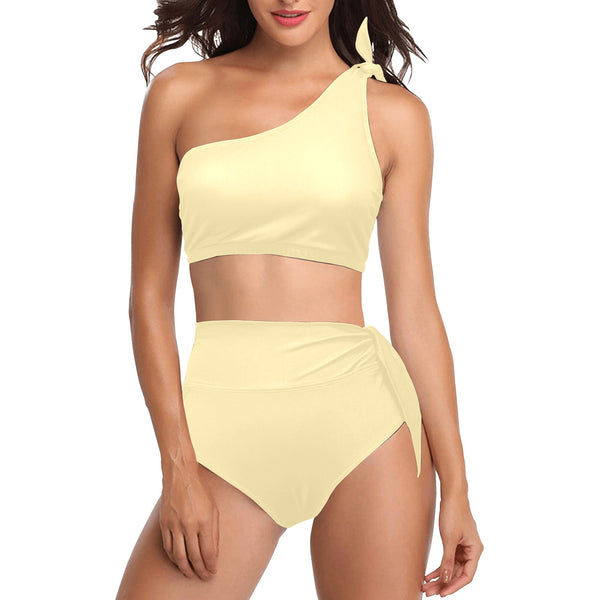 creme solid print 2 High Waisted One Shoulder Bikini Set (Model S16) - Objet D'Art