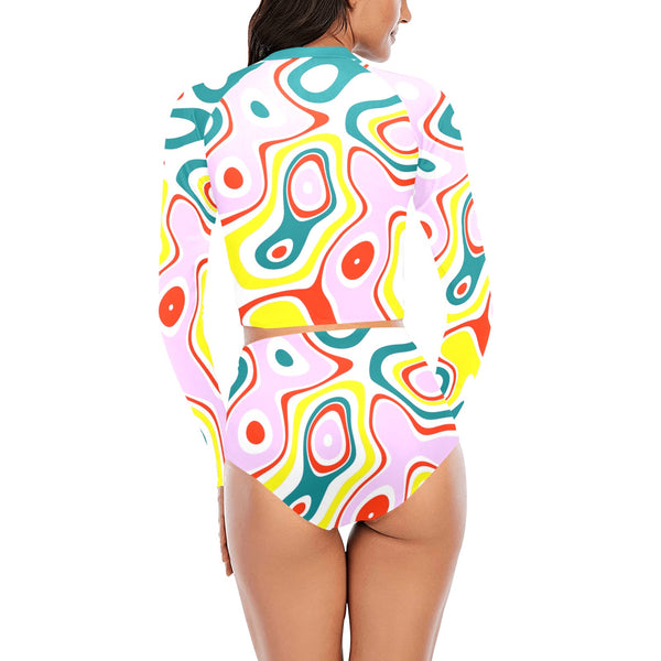 colored splat print 2 Long Sleeve Bikini Set (Model S27) - Objet D'Art