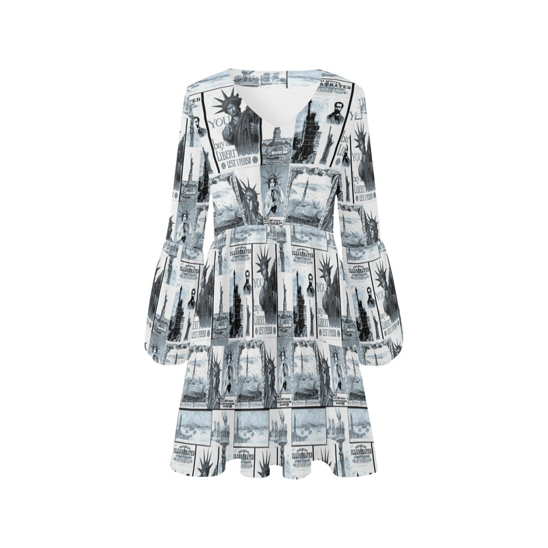 selenium lady liberty print 6 V-Neck Loose Fit Dress (Model D62) - Objet D'Art