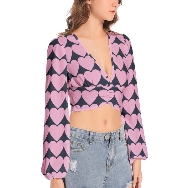Women's Deep V-Neck Lantern Sleeve Crop Top - Objet D'Art