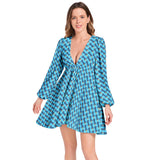 Tessellations Lantern Sleeve Deep V-Neck Short Dress - Objet D'Art