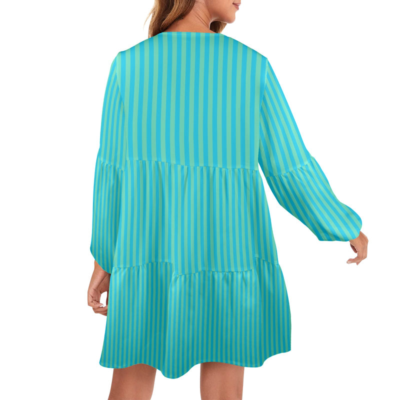 blue green striped print 2 V-Neck Loose Fit Dress (Model D66) - Objet D'Art