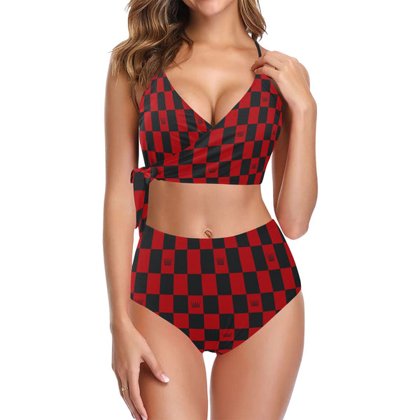 chess queen dress print 2 Knot Side Bikini Swimsuit (Model S37) - Objet D'Art