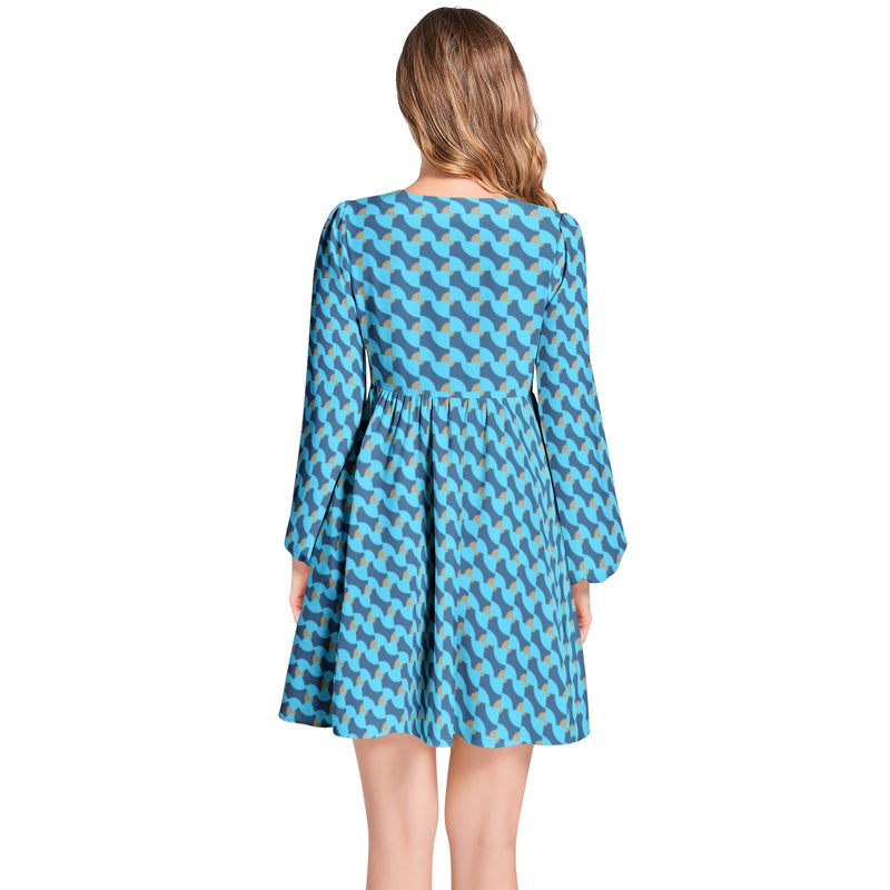 Tessellations Lantern Sleeve Deep V-Neck Short Dress - Objet D'Art