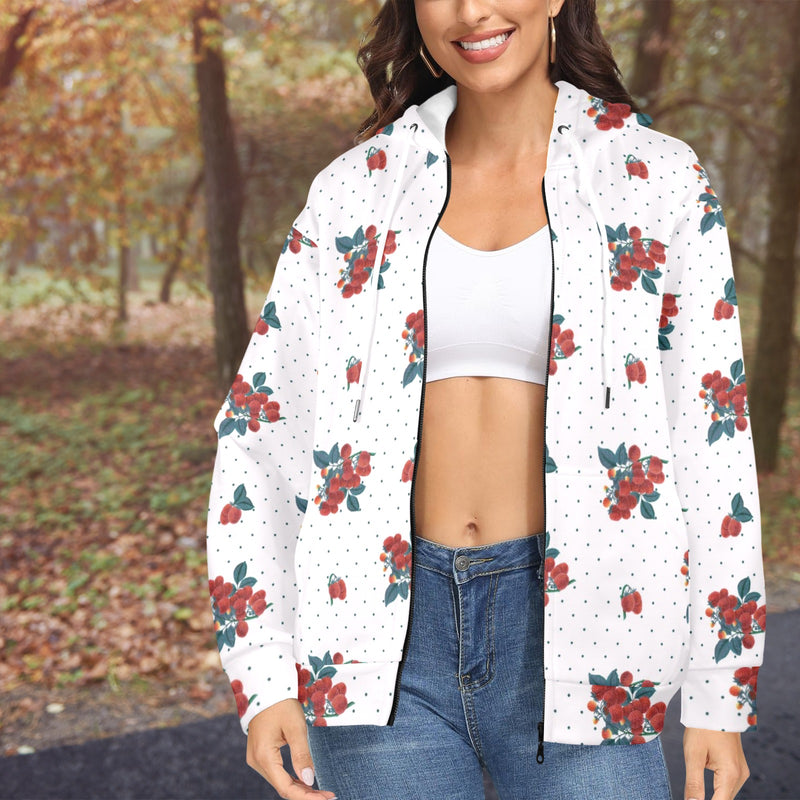 raspberry print 2A Women's Fleece Full-Zip Hoodie (Model H60) - Objet D'Art