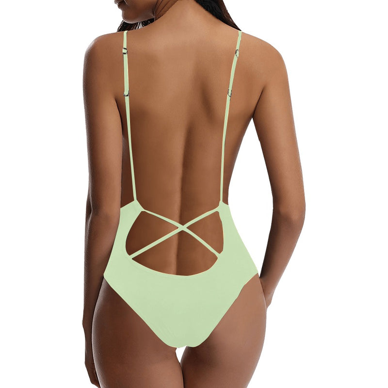 avocado spread solid print Sexy Lacing Backless One-Piece Swimsuit (Model S10) - Objet D'Art