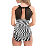 bw print A2 geometry Women's High Neck Plunge Mesh Ruched Swimsuit (S43) - Objet D'Art
