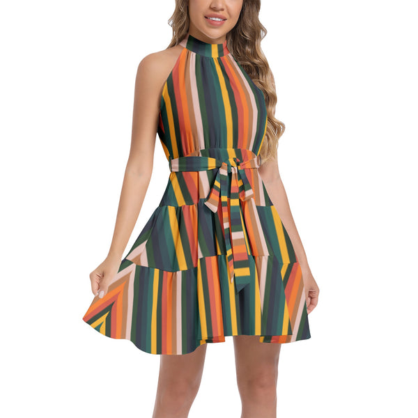 Vintage Striped Ruffle Hem Belted Halter Dress - Objet D'Art