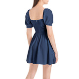 Morning Glory Blue  Puff Sleeve Sweetheart Neck Short Dress - Objet D'Art