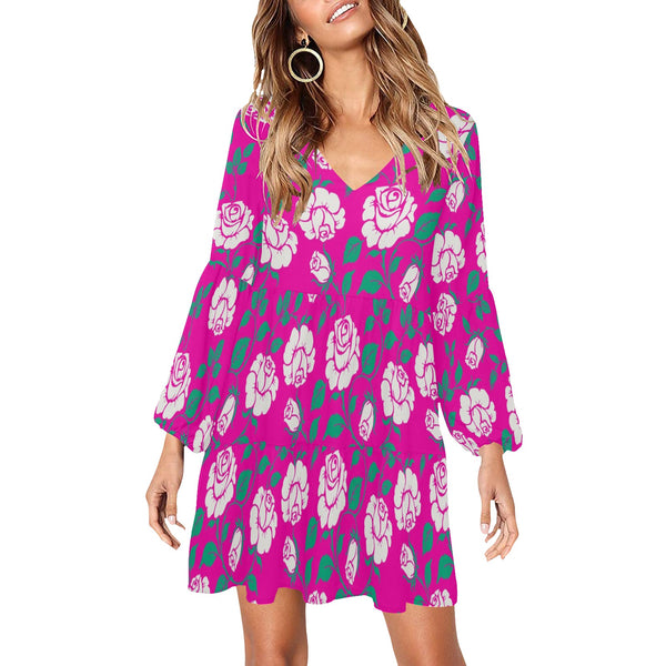 fuchsia rose green petal print V-Neck Loose Fit Dress (Model D62) - Objet D'Art