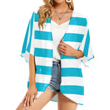 blue white striped 1A Women's Kimono Chiffon Cover Up (Model H51) - Objet D'Art