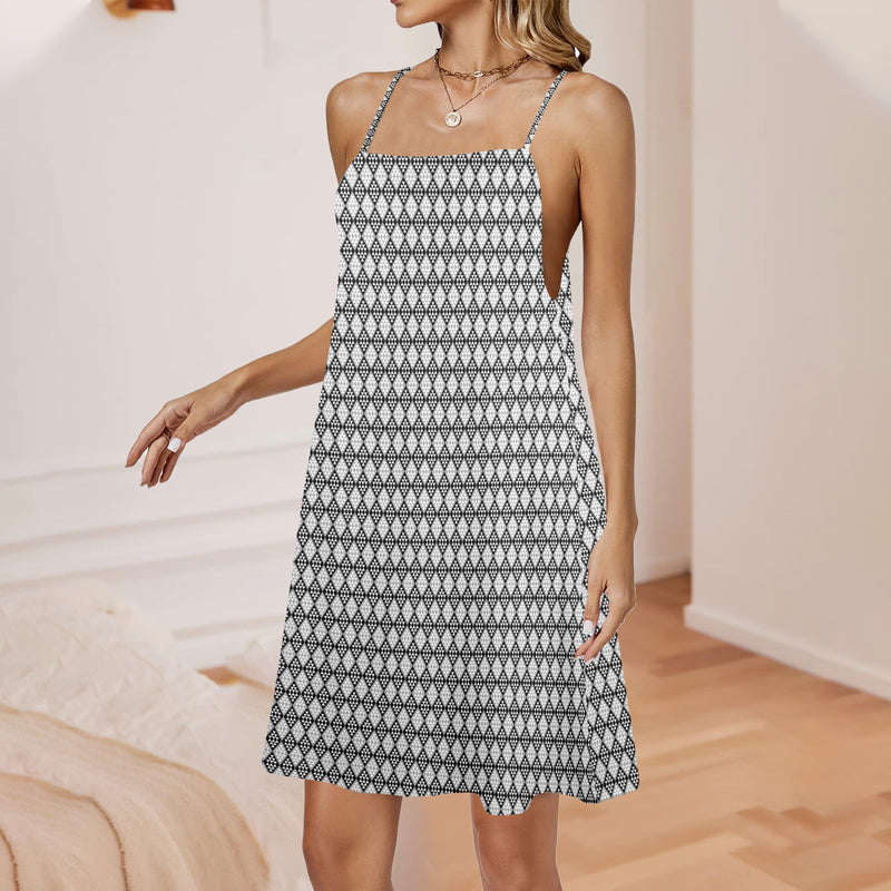 small diamond print Drawstring Neck Sleeveless Dress (Model D68) - Objet D'Art