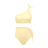creme solid print 2 High Waisted One Shoulder Bikini Set (Model S16) - Objet D'Art