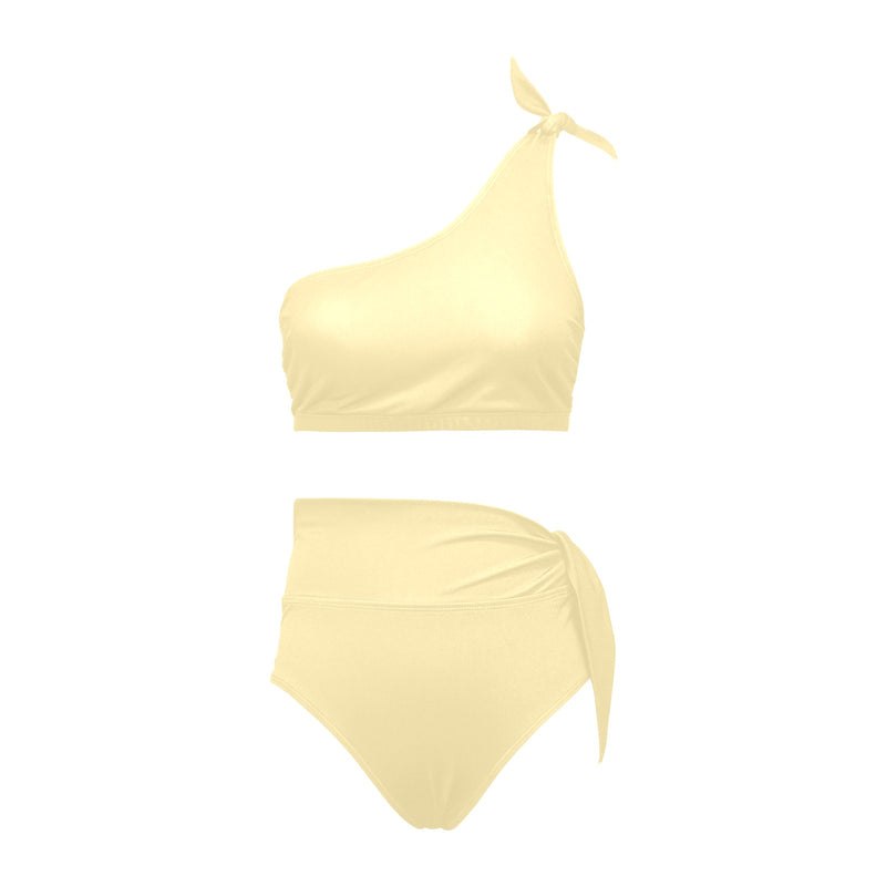 creme solid print 2 High Waisted One Shoulder Bikini Set (Model S16) - Objet D'Art