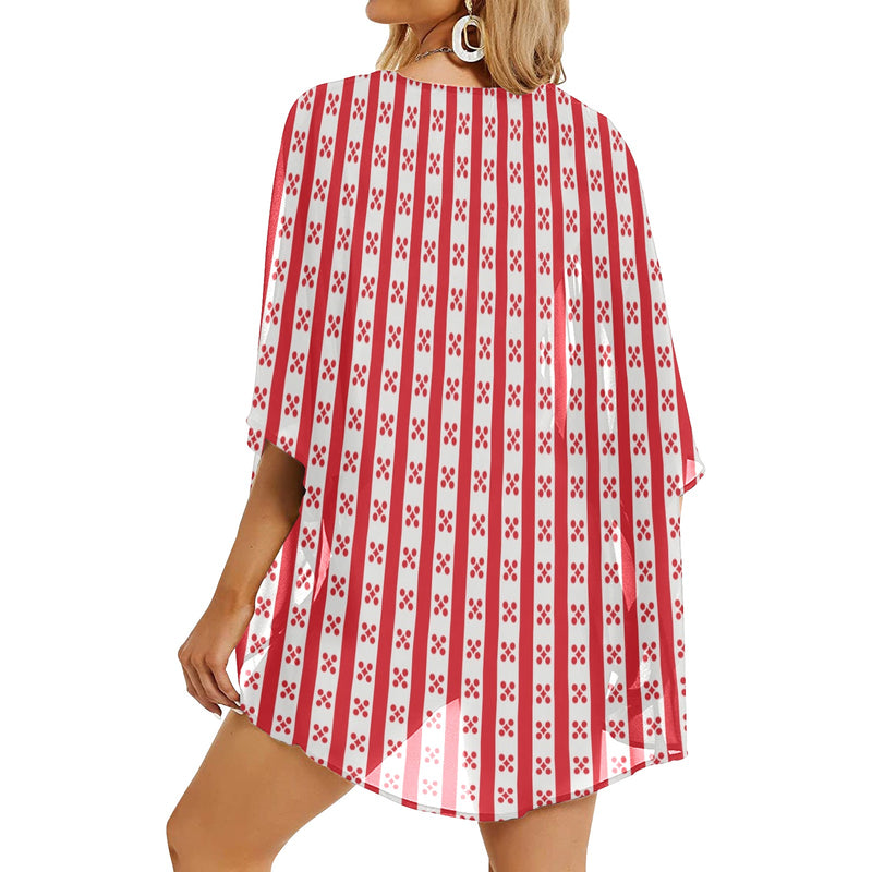 gingham red print Women's Kimono Chiffon Cover Up (Model H51) - Objet D'Art