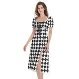 Harlequin Print Puff Sleeve Split Thigh Midi Dress - Objet D'Art