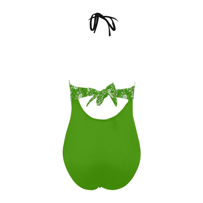 froggy green print Backless Hollow Out Bow Tie Swimsuit (Model S17) - Objet D'Art