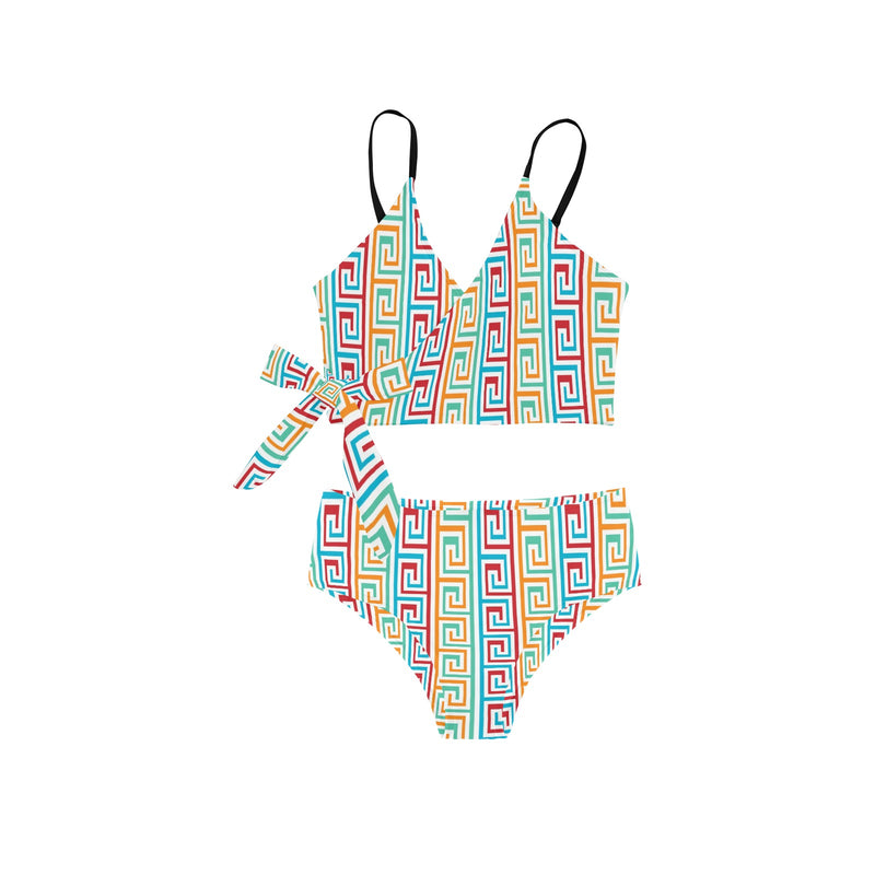 multi colored greek key print Knot Side Bikini Swimsuit (Model S37) - Objet D'Art