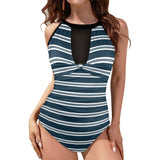 INK STRIPED PRINT 2 Women's High Neck Plunge Mesh Ruched Swimsuit (S43) - Objet D'Art