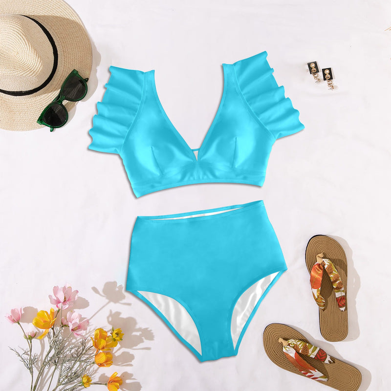 light blue bikini bottom print solid Women's Ruffle Sleeve Bikini Swimsuit (Model S42) - Objet D'Art