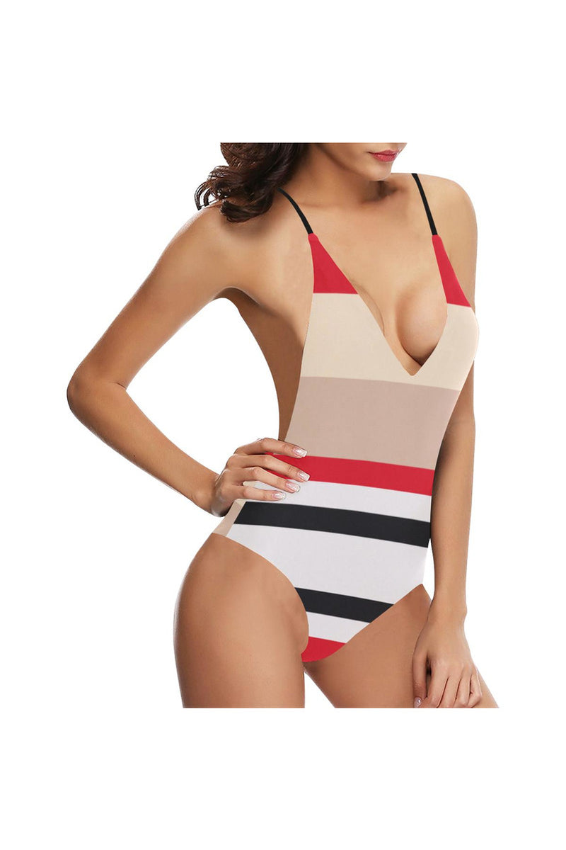 Red & Black Stripe Sexy Lacing Backless One-Piece Swimsuit - Objet D'Art