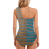 blue gray greek key print Women's One Shoulder Backless Swimsuit (Model S44) - Objet D'Art