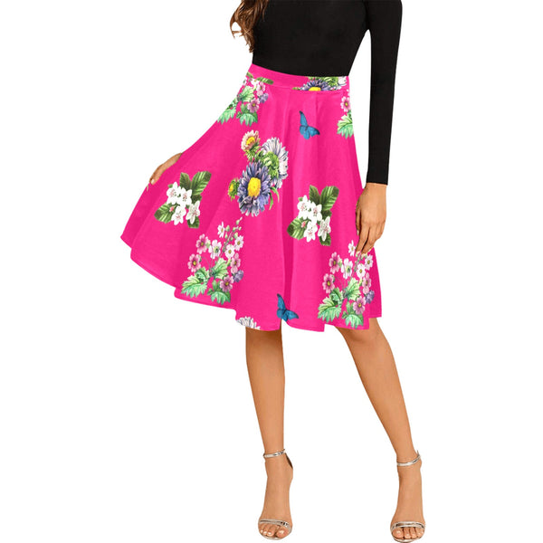 pink floral butterfly print Melete Pleated Midi Skirt (Model D15) - Objet D'Art