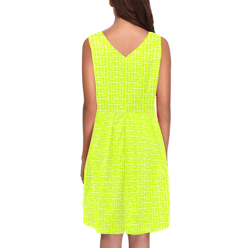 neon green greek key print Chryseis Sleeveless Pleated Dress(Model D07) - Objet D'Art