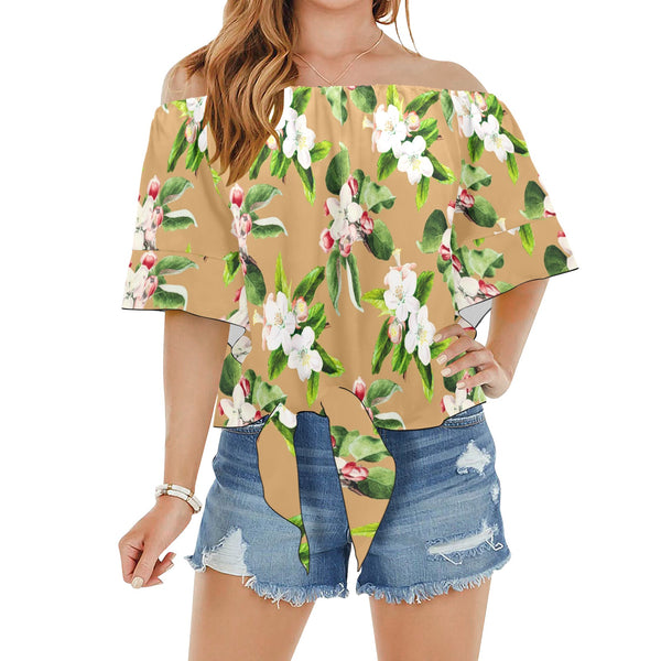 APP BLOSSOM PRINT 10 Off Shoulder Knot Front Blouse (Model T71) - Objet D'Art