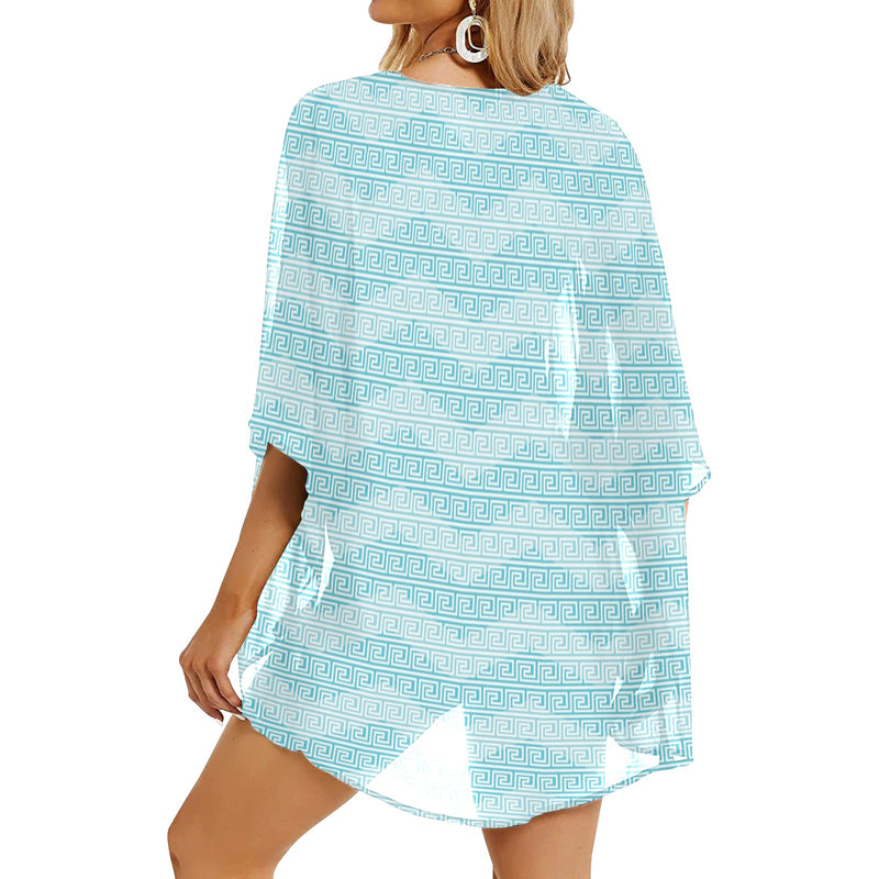 greek key chevron light blue print 2 Women's Kimono Chiffon Cover Up (Model H51) - Objet D'Art