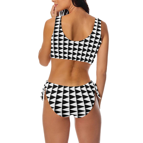 black flag print Bow Tie Front Bikini Swimsuit (Model S38) - Objet D'Art