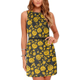 gold floral greek key print 7A Eos Women's Sleeveless Dress (Model D01) - Objet D'Art