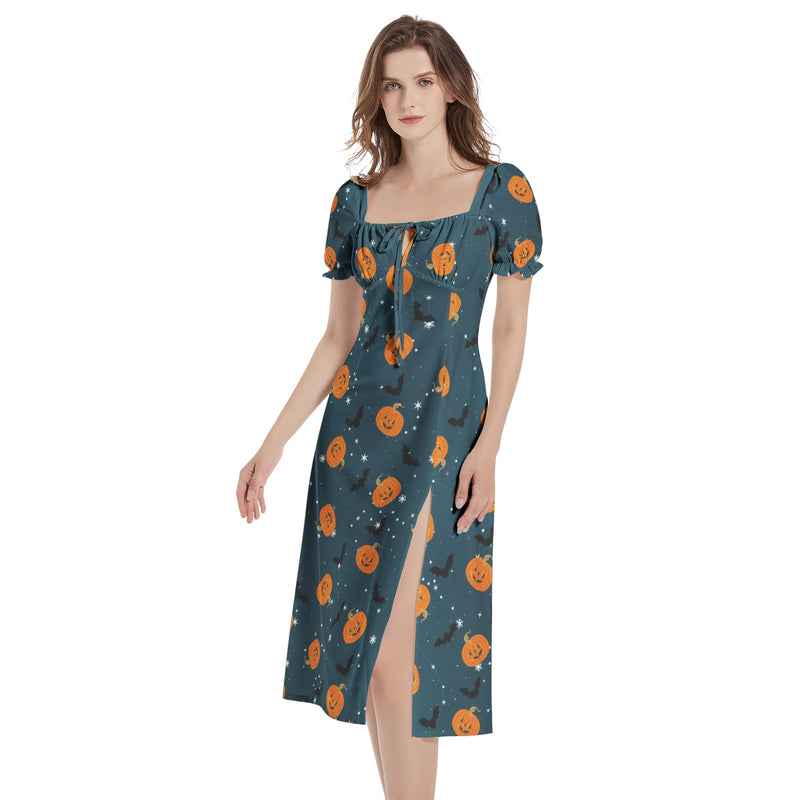 Bats and Jack O Lanterns Puff Sleeve Split Thigh Midi Dress - Objet D'Art