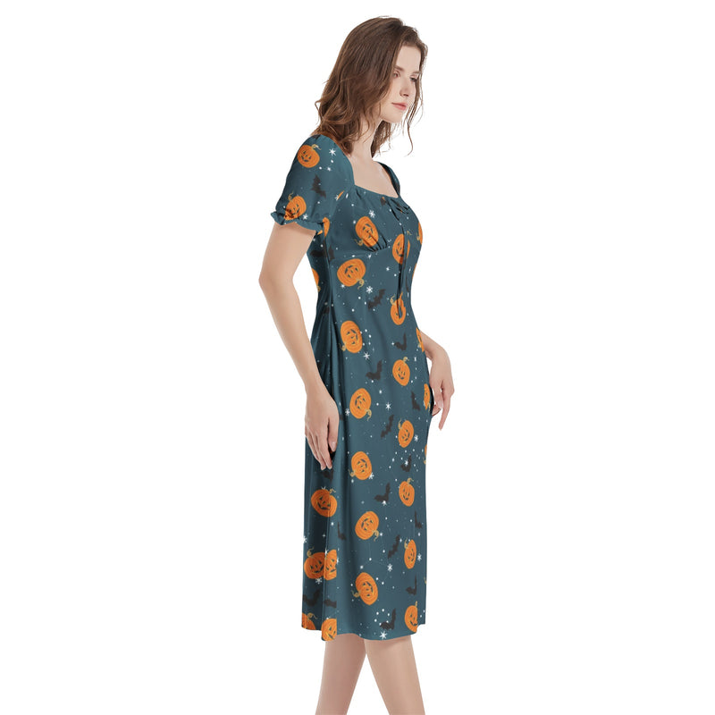 Bats and Jack O Lanterns Puff Sleeve Split Thigh Midi Dress - Objet D'Art