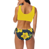 yellow flora print copy Bow Tie Front Bikini Swimsuit (Model S38) - Objet D'Art