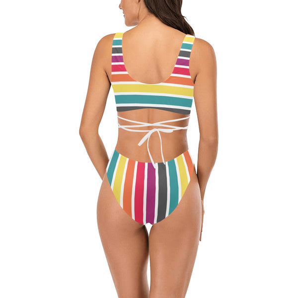 6 COLOR PALLETTE STRIPED FITTED SKIRT PRINT Cross String Bikini Set (Model S29) - Objet D'Art